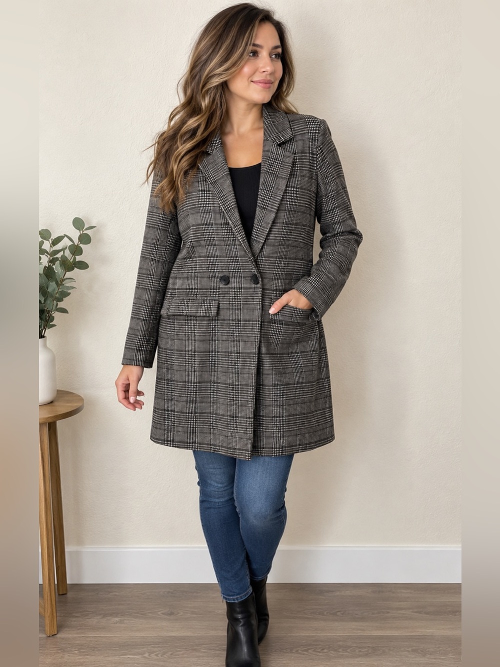 Philosophy Republic Clothing Women’s Plaid Long Blazer Coat Gray Black Size M